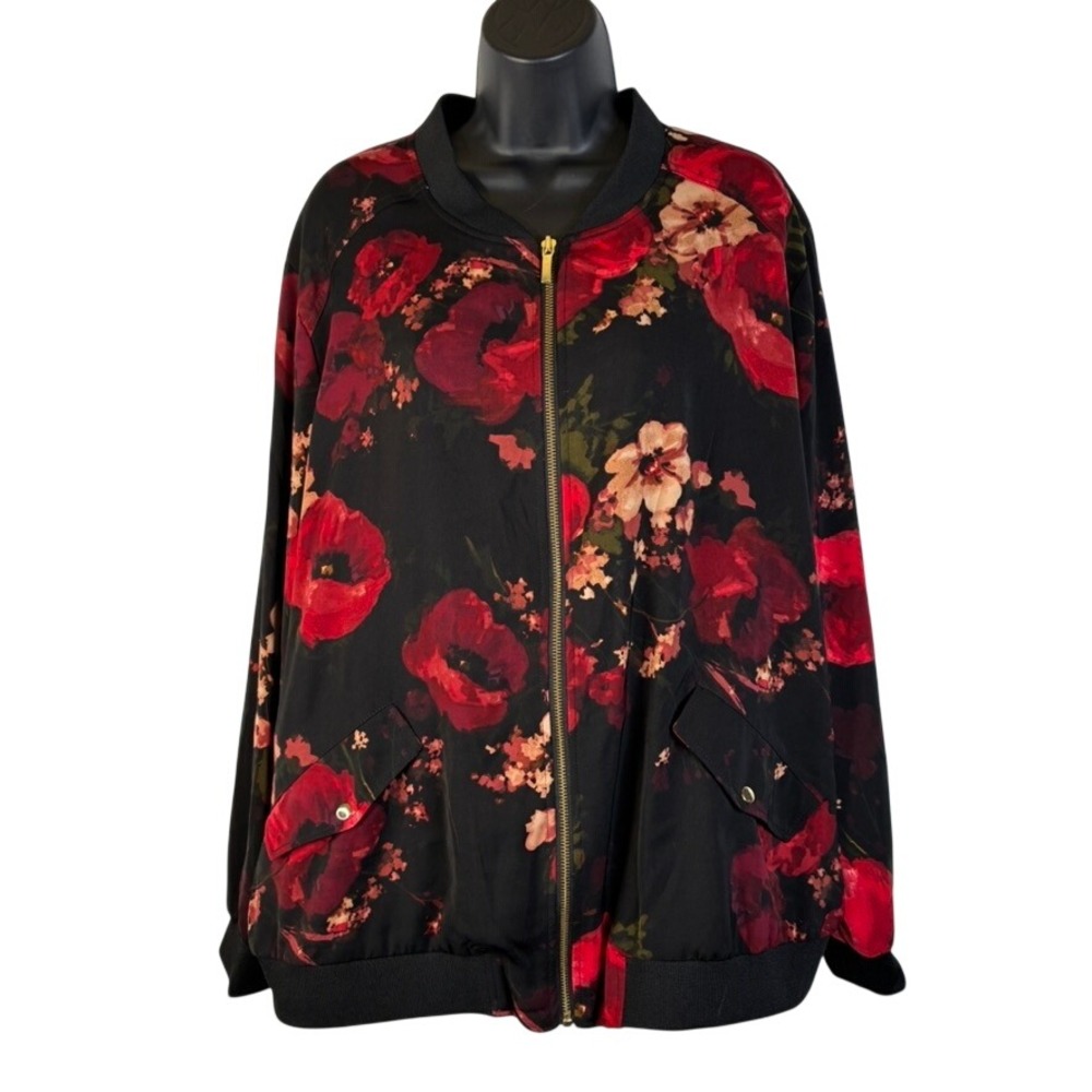Susan Graver Women's 2X Floral Bomber Jacket Black Red Poppy Zip Wearable Art